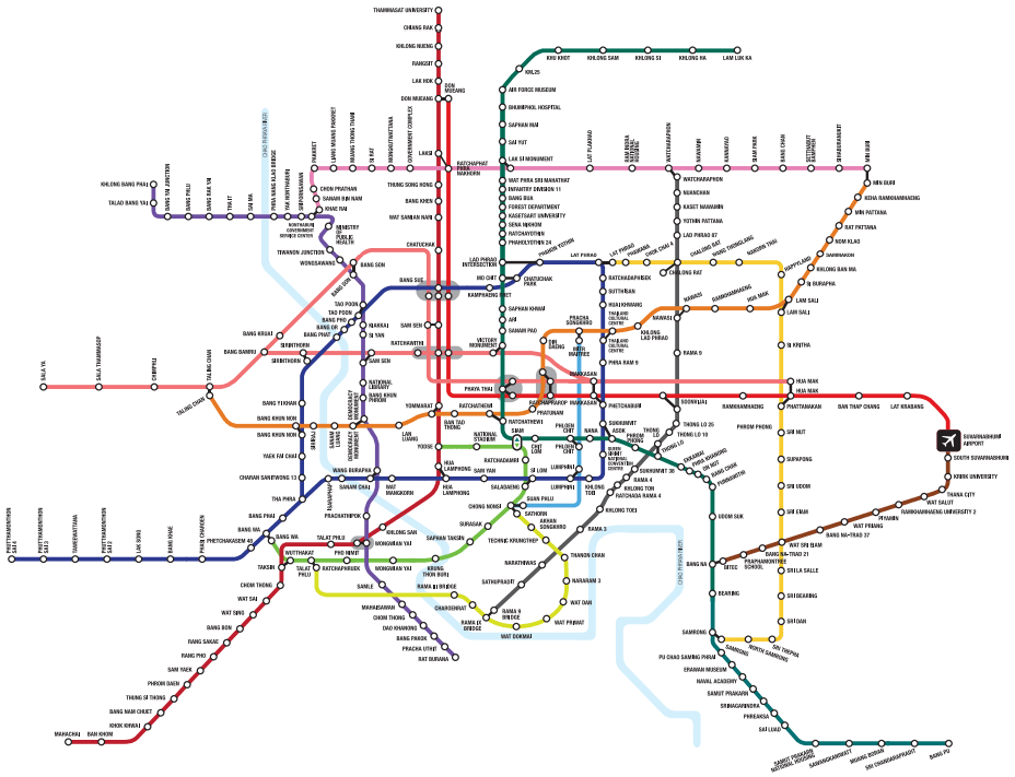 2029年までのバンコクの都市交通網計画の路線図